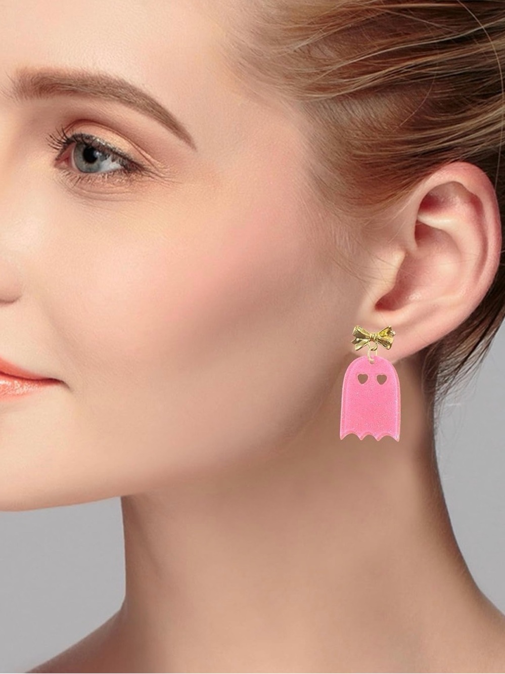 Pink Ghost Bow Drop Earrings for Kids - Picture 2 of 4
